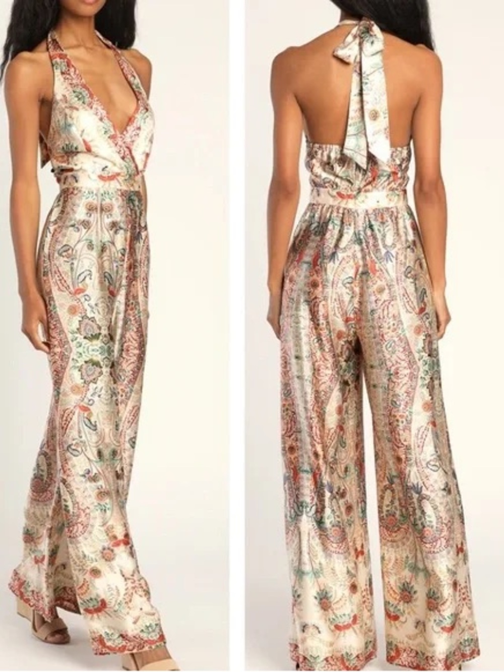 Cream Scarf Print Satin Wide Leg Jumpsuit